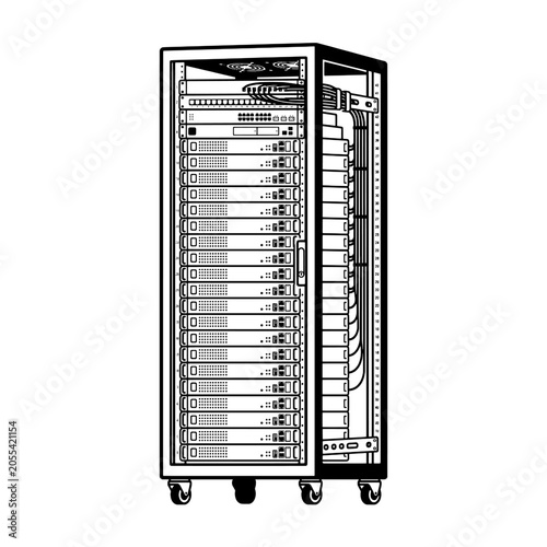 Server rack black white background technology vector icon, black and white minimalist design