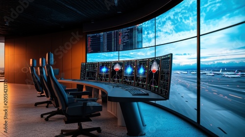 Air traffic control operations airport command center digital dashboard modern environment panoramic view aviation technology