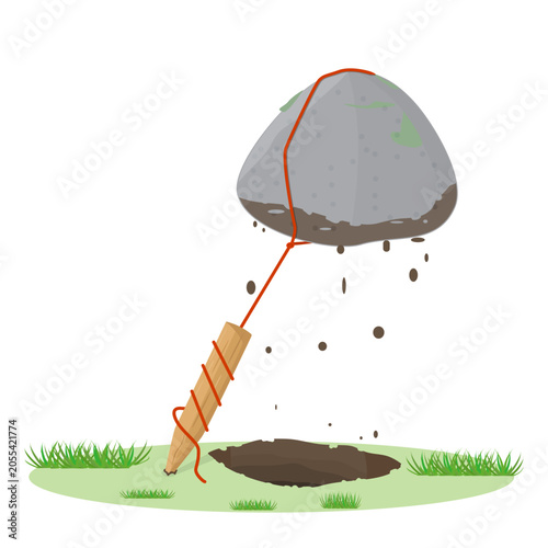 Levitating stone anchored to ground.Tied to stake heavy rock floating like balloon.Surreal hovering boulder balloon.For psychology, mental health, business, finance, self improvement,lifestyle concept