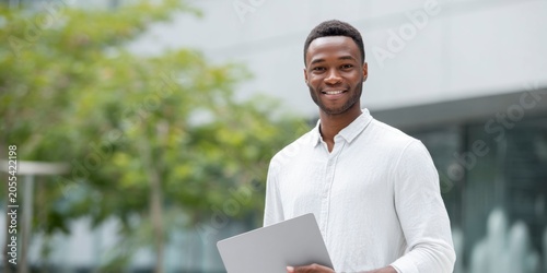 a happy young black man in a white shirt holding a laptop, standing outside a modern office building