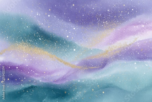 watercolor, pastel purple and gold galaxy with white dots, teal blue green smoke background