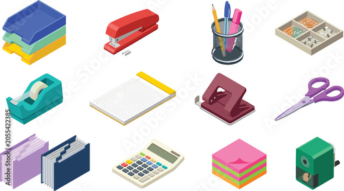 Konstfotografi Isometric Office Supplies and Stationery Set Featuring Stapler Tape Dispenser Ca