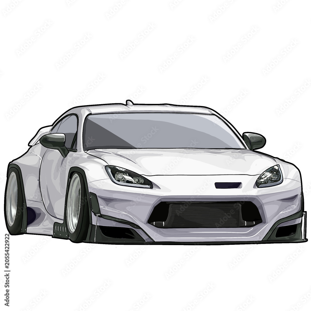 Naklejka premium Digital illustration of a white modified Japanese sports coupe with aggressive widebody styling, custom wheels, lowered suspension, and modern street performance aesthetics. 