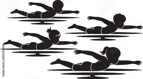 Bild auf Leinwand Collection of black silhouettes depicting children swimming freestyle