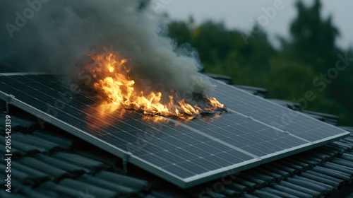 Solar panel on a rooftop engulfed in bright orange flames and thick black smoke