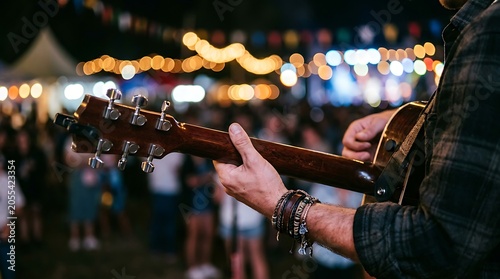 Guitar neck and hands playing at an outdoor music festival