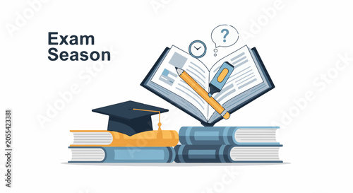 Study books, graduation cap, pencil, and marker denote academic achievement and learning