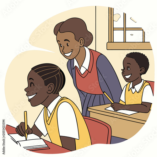 Teacher helping young students with classwork in classroom education learning academic children knowledge schooling teaching