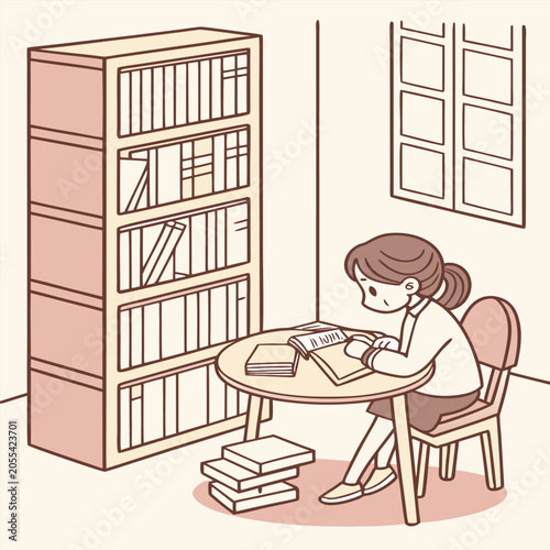 Young student girl studying books in a library with studying education learning knowledge academic bookshelf literature intellectual