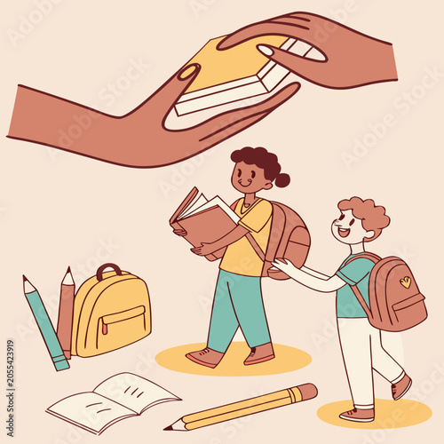 Children with school supplies and giant hands offering books education children learning supplies backpack notebook knowledge literacy