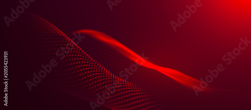 Abstract background with dynamic color wave. Futuristic dotted wave of bright particles. Colorful background for presentation design. Wide format 3D illustration.