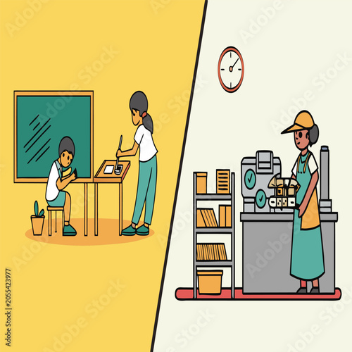 Comparison graphic of education versus forced child labor with education comparison exploitation learning industry classroom inequality