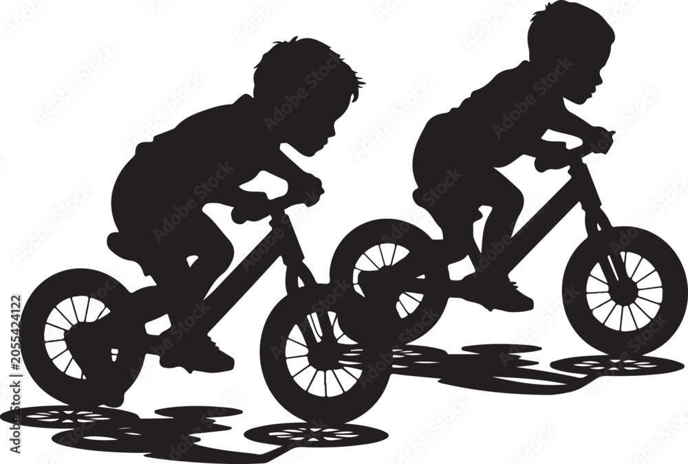 Fototapeta premium Two children riding bicycles silhouette vector illustration with children