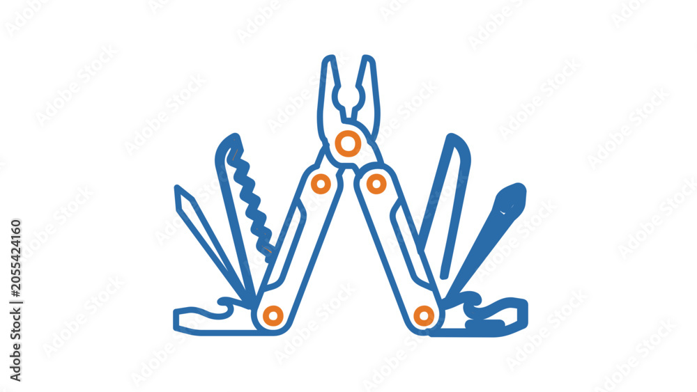 Fototapeta premium Customizable folding multi-tool pocket knife vector icon illustration with editable stroke, ideal for camping survival kits, hiking equipment and outdoor adventure gear line art design for web.