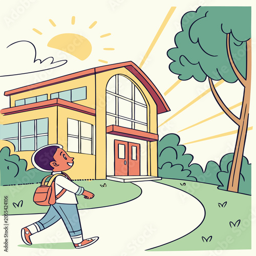 Happy student walking to school building illustration with education learning backpack building knowledge schooling outdoors academic