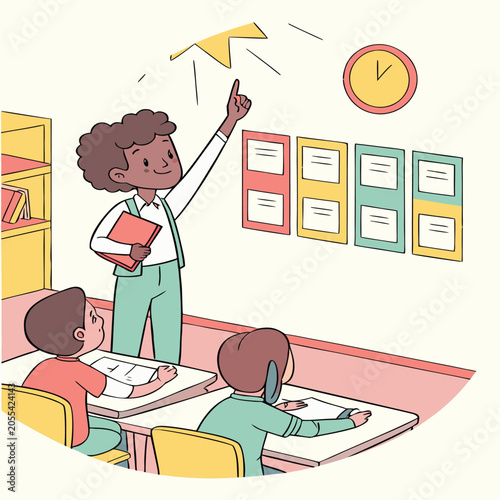 Teacher leading a lesson in a classroom with young students classroom students education learning pointing instruction teaching