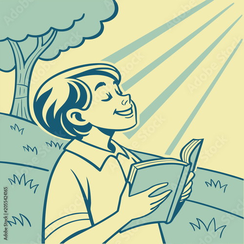 Happy boy reading book outdoors under sunlight illustration with sunlight education learning illustration literature knowledge relaxing