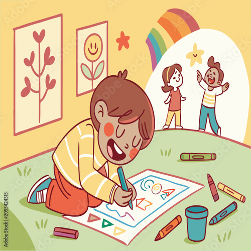 Little boy drawing colorful pictures on the floor at home with creative education colorful sketching activity learning imagination