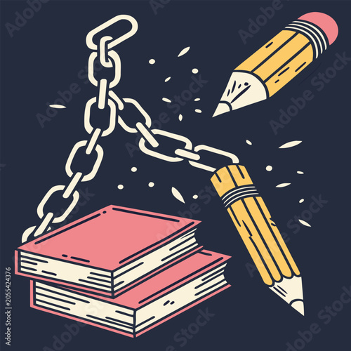 Conceptual illustration of pencils linked by metal chains over books with education conceptual creative connection stationary literature