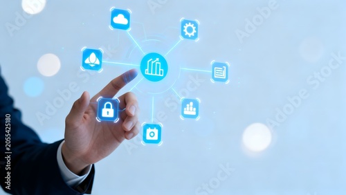 Hand interacting with digital icons