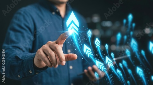 Man touching glowing blue digital arrows futuristic technology concept