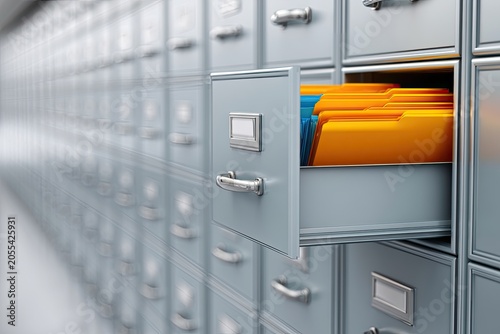 Rows of gray filing cabinets, one drawer open revealing folders