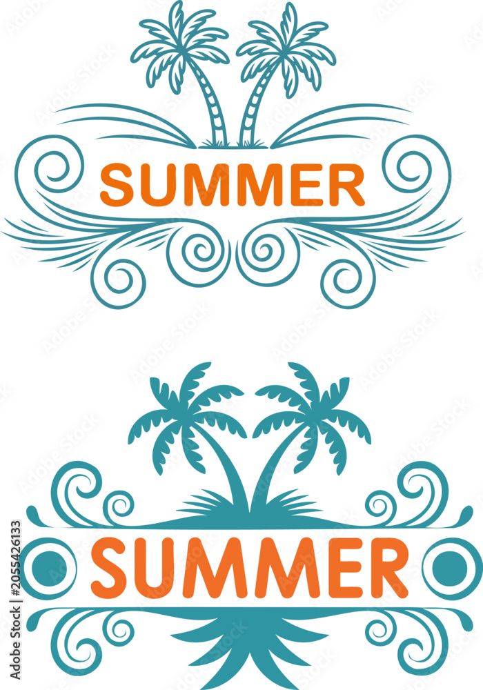 Obraz premium Summer beach vector typography layout with tropical palm tree swirl flourish ornament emblem set isolated on white background for holiday