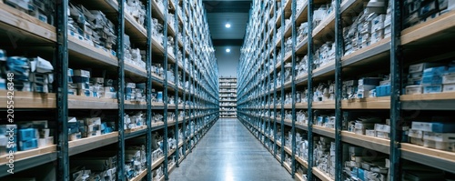 Rows of shelves filled with boxed goods recede into a distant, brightly lit warehouse