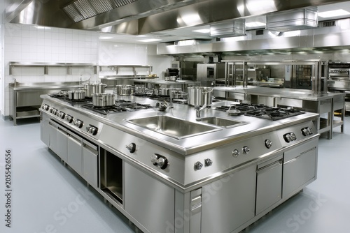 Gleaming stainless steel commercial kitchen island with multiple burners and sinks