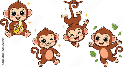 Photography Cute Baby Monkey Cartoon Character Set Eating Banana Hanging on Vine and Posing