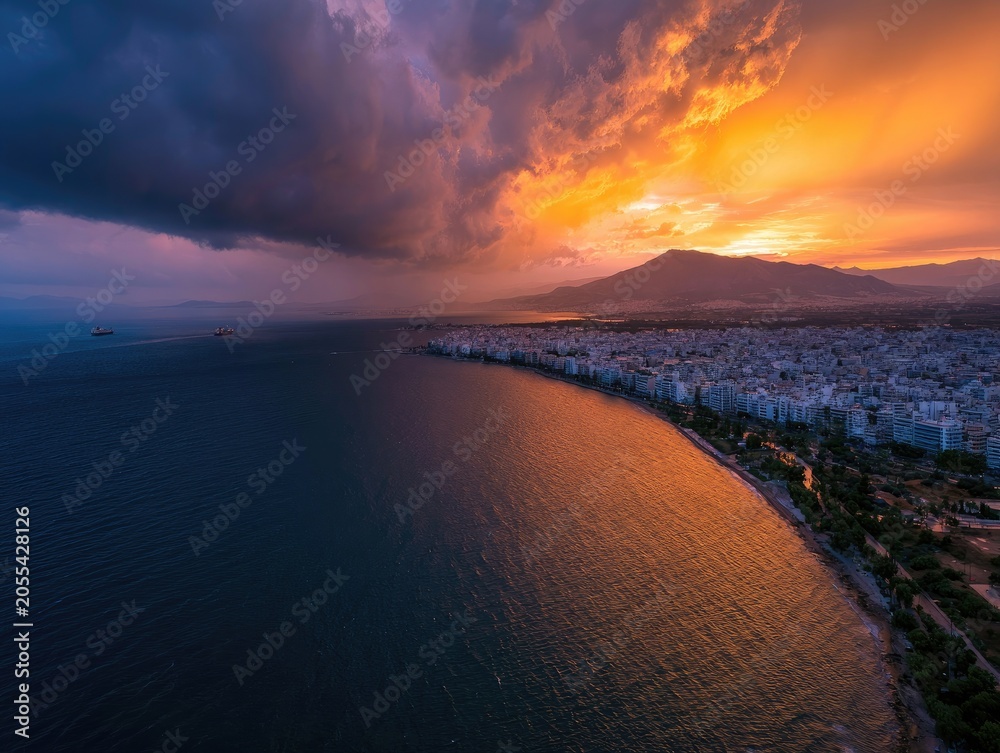 Fototapeta premium Dramatic sunset over a coastal city with dramatic clouds and ocean glow