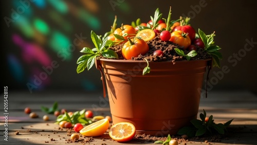 Terracotta pot filled with small orange tomatoes and red cherries