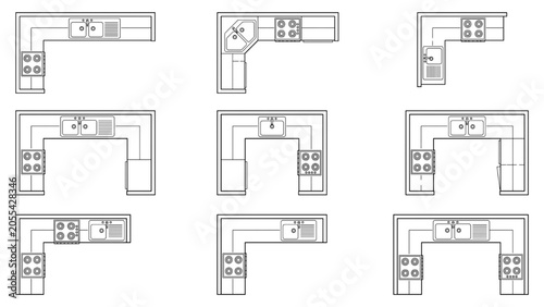 Top View Kitchen Floor Plan Vector Symbols Set with L Shaped and U Shaped Counter Layouts Sinks and Stoves