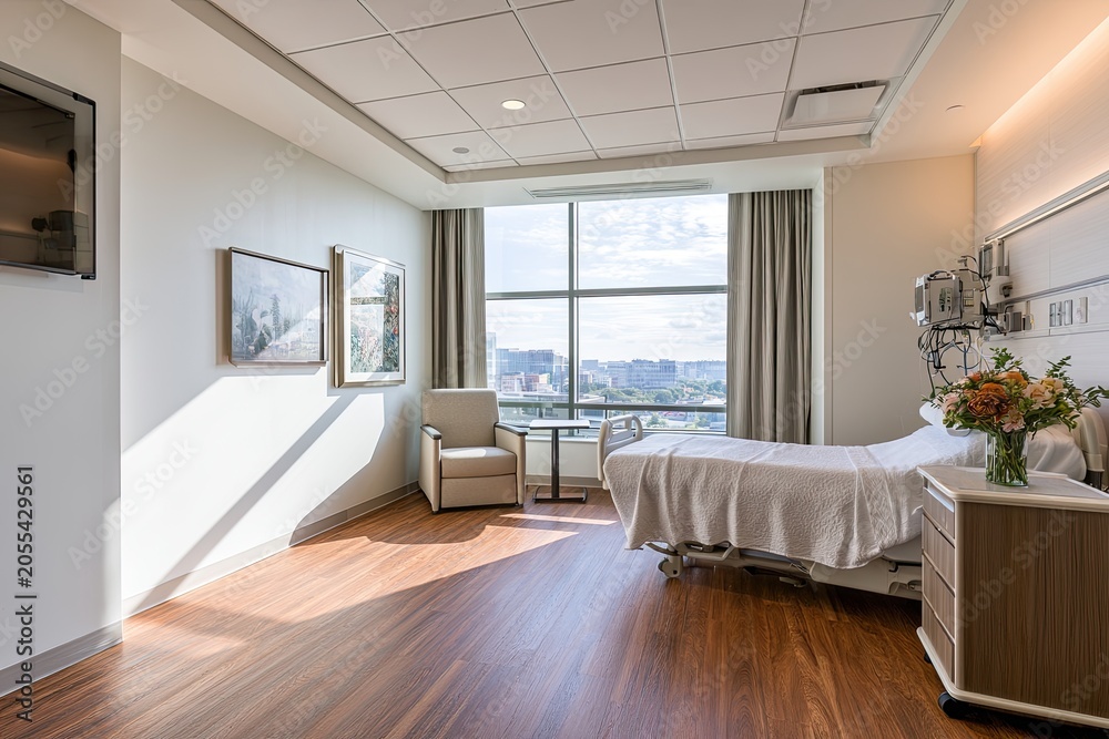 Fototapeta premium Bright hospital room with large window, modern bed, chair, and flowers