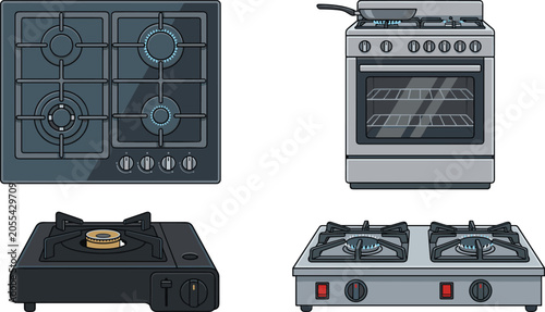 Schilderij op canvas Kitchen Gas Stove and Oven Vector Icon Set with Built-In Cooktops Portable Campi