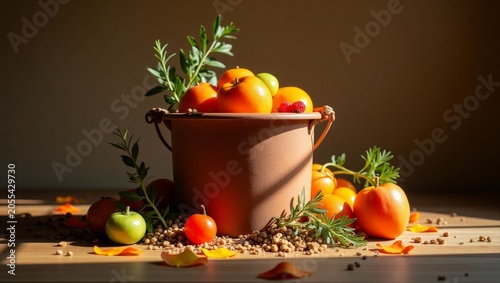 Terracotta pot overflowing with ripe oranges and green apple