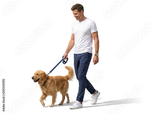 Man walking dog isolated on white transparent background, pet lifestyle cutout PNG for park architectural visualization