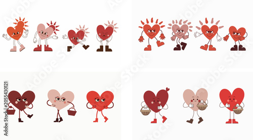 heart characters with various emotions and actions on white background
