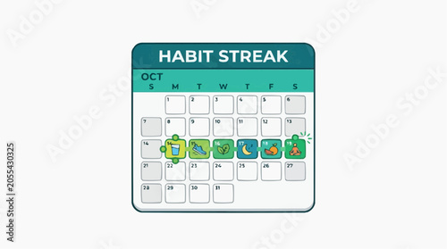 Habit Streak Tracker: A digital calendar interface displaying a 'Habit Streak' for October, marked with icons representing daily activities and a continuous line showing progress.