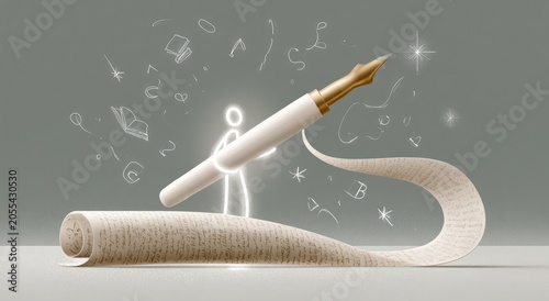 Glowing figure with quill pen writes on unfurled scroll, ideas swirl