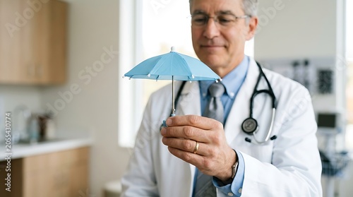 Doctor holding a miniature umbrella healthcare and protection concept