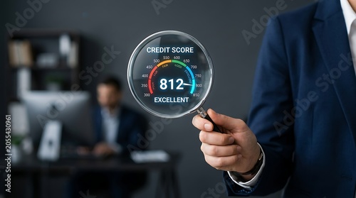 Hand holding magnifying glass over credit score gauge financial assessment