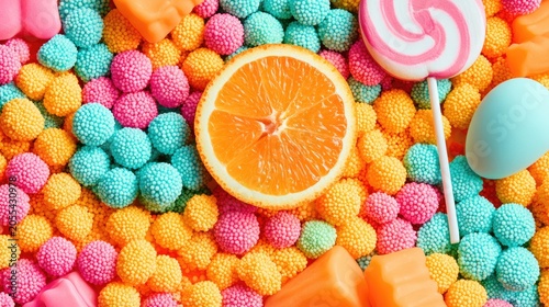 Vibrant assortment of colorful candies, a citrus slice, and a swirl lollipop
