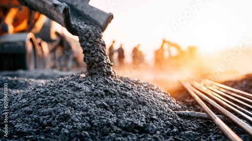 Fresh concrete pours onto rebar at sunset, with workers and machinery in background