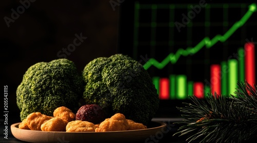 Fresh broccoli and snacks with financial graph background
