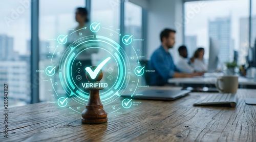 Verified checkmark display with chess piece on wooden desk office background