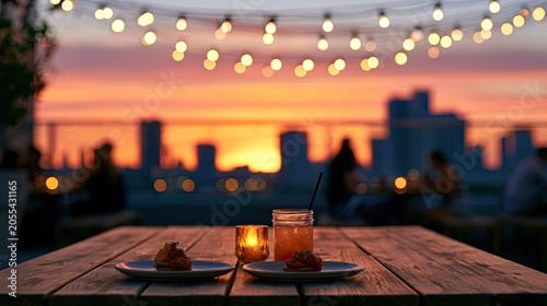 Romantic rooftop dinner with city skyline and string lights