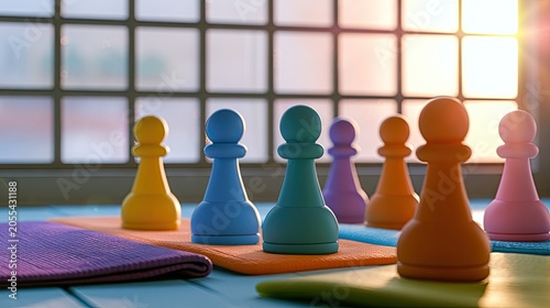 Colorful pawns on mats, bathed in warm sunset light