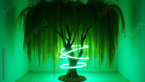 Weeping tree with neon light spiral green background