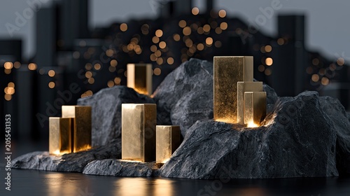 Gleaming gold bars, illuminated, rise from rocky terrain against a dark, bokeh-lit city backdrop
